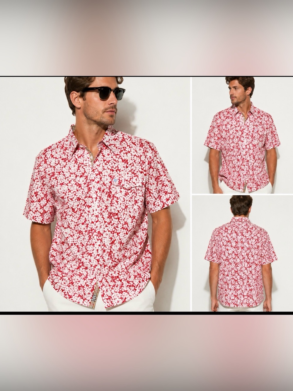 Burberry London Men’s Red White Floral Hawaiian Camp shirt cotton XXL